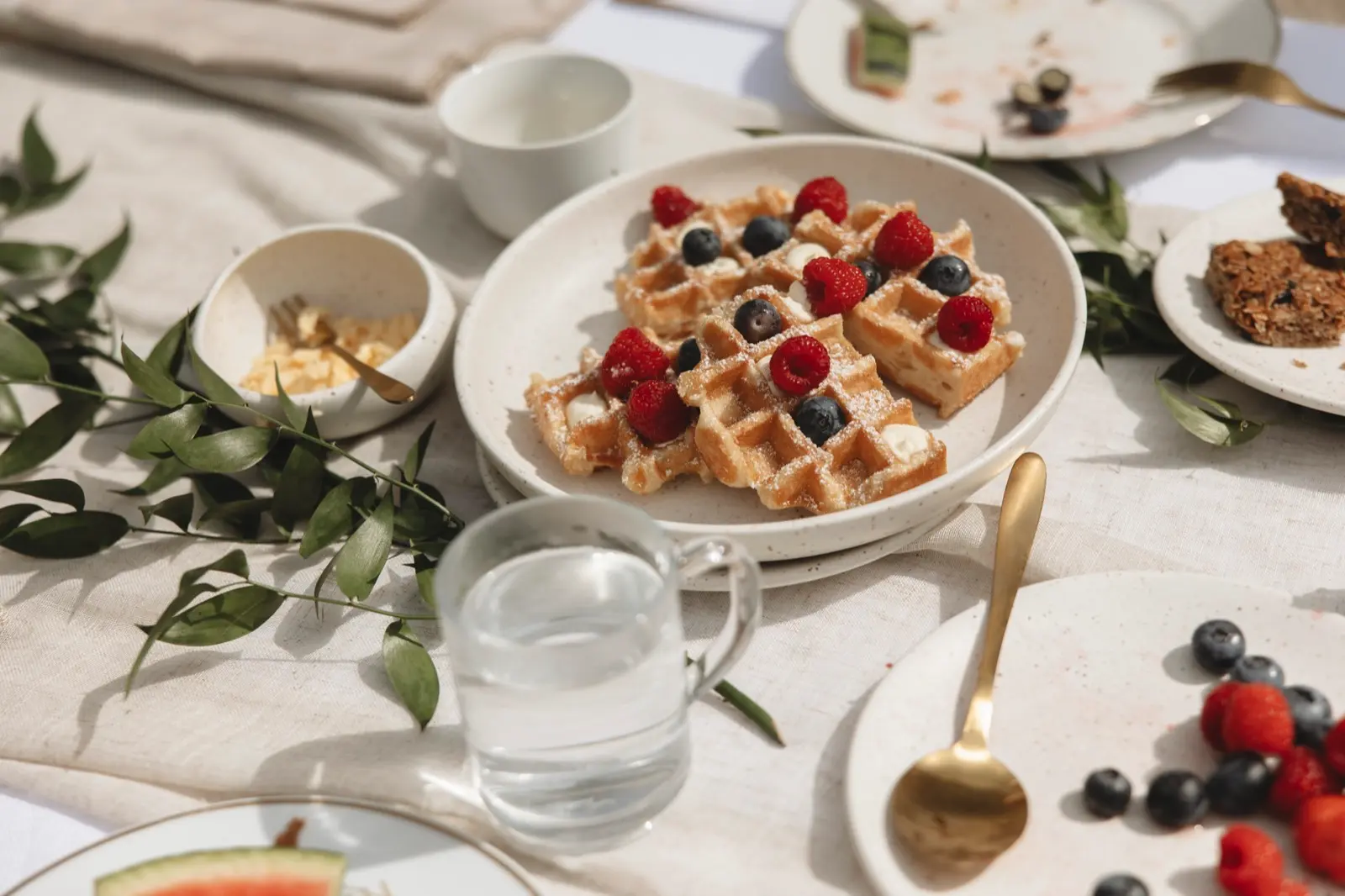 Waffles with fresh berries and powdered sugar